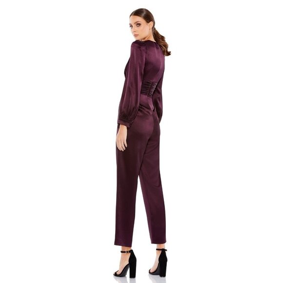 MAC DUGGAL Size 14 Plum 2647 Front Twist V-Neck Long Puff Sleeve Jumpsuit New - Picture 3 of 10